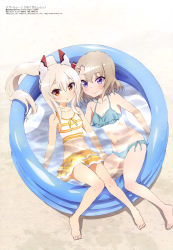 Rule 34 | 2girls, absurdres, ayanami (azur lane), azur lane, bare arms, bare legs, bikini, bikini skirt, blonde hair, blue bikini, breasts, brown hair, character request, cleavage, closed mouth, collarbone, feet, frilled bikini, frills, from above, full body, hair ribbon, highres, long hair, looking at viewer, megami magazine, multiple girls, navel, official art, orange bikini, parted lips, partially submerged, ponytail, red eyes, ribbon, scan, short hair, smile, striped bikini, striped clothes, swimsuit, tankini, toes, wading pool, wet