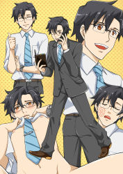 Rule 34 | 1boy, black hair, closed eyes, glasses, highres, idolmaster, looking at viewer, male focus, necktie, nipples, out-of-frame censoring, producer (idolmaster), producer (idolmaster anime), smile, solo, undressing