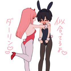 Rule 34 | 10s, 1boy, 1girl, 320 (romsen), animal ears, bare shoulders, black bow, black hair, black leotard, black pantyhose, blush, bow, bowtie, breasts, cleavage, closed eyes, collar, collarbone, cosplay, couple, cowboy shot, darling in the franxx, detached collar, extra ears, fake animal ears, fringe trim, gloves, grey pantyhose, hair bow, hair ornament, hands on another&#039;s shoulder, hetero, high heels, hiro (darling in the franxx), horns, leotard, long hair, medium breasts, oni horns, pantyhose, pink hair, playboy bunny, rabbit ears, rabbit tail, red bow, red footwear, red horns, red leotard, red neckwear, short hair, simple background, tail, translation request, very long hair, white collar, white gloves, zero two (darling in the franxx)