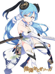 1girl animal_print bad_anatomy bird_print black_hair blue_hair breasts brown_eyes cleavage cleavage_cutout clothes_between_thighs clothing_cutout elbow_gloves gloves highres katana kiya_machi long_hair looking_at_viewer medium_breasts multicolored_hair official_art otogi:spirit_agents sheath sheathed sleeveless standing standing_on_one_leg sword twintails two-tone_hair watermark weapon white_gloves