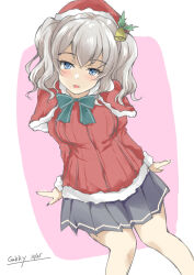Rule 34 | 1girl, bell, blue eyes, breasts, capelet, commentary request, feet out of frame, fur-trimmed capelet, fur-trimmed headwear, fur-trimmed sweater, fur trim, gakky, grey hair, grey skirt, hair ornament, hairclip, hat, kantai collection, kashima (kancolle), large breasts, mistletoe, official alternate costume, one-hour drawing challenge, pleated skirt, red capelet, red hat, red sweater, ribbed sweater, santa hat, sidelocks, sitting, skirt, solo, sweater, twintails, wavy hair