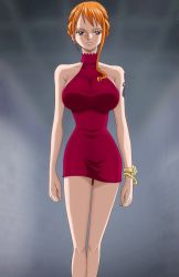 Rule 34 | 1girl, bare legs, bare shoulders, bracelet, breasts, brown eyes, dress, jewelry, large breasts, long hair, looking at viewer, nami (one piece), navel, one piece, orange hair, red dress, screencap, serious, shoulder tattoo, solo, stitched, tagme, tattoo, third-party edit