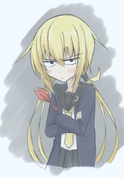 Rule 34 | 1girl, alternate eye color, armband, black eyes, black sailor collar, black skirt, blonde hair, blue coat, blush, closed mouth, coat, crescent, crescent pin, crossed arms, female focus, flat chest, grey background, hair between eyes, hair tie, half-closed eyes, kantai collection, long hair, long sleeves, looking at viewer, necktie, pleated skirt, sailor collar, satsuki (kancolle), shirt, simple background, skirt, solo, standing, twintails, white shirt, yellow necktie, zerotsuu