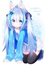 Rule 34 | 1girl, ahoge, all fours, animal ear fluff, animal ears, black bow, black thighhighs, blue eyes, blue flower, blue footwear, blue hair, blue jacket, blue shirt, blush, bow, cat ears, commentary request, commission, d omm, flower, full body, hair between eyes, hair bow, hair flower, hair ornament, hood, hood down, hooded jacket, jacket, long hair, long sleeves, looking at viewer, multicolored hair, open clothes, open jacket, original, parted lips, shirt, shoes, silver hair, skeb commission, skirt, sleeves past wrists, solo, streaked hair, thighhighs, twintails, very long hair, white skirt