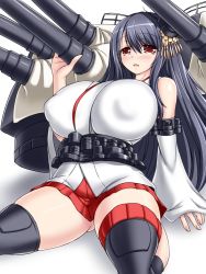 Rule 34 | 10s, 1girl, artistic error, black hair, blush, breasts, cannon, covered erect nipples, detached sleeves, fanatic fetish, female focus, fusou (kancolle), fusou kai ni (kancolle), hair ornament, holding, huge breasts, japanese clothes, kantai collection, long hair, microskirt, miko, nontraditional miko, pleated skirt, red eyes, red skirt, rigging, shiny skin, simple background, skirt, solo, thighs, tsukioka kirio, turret, white background
