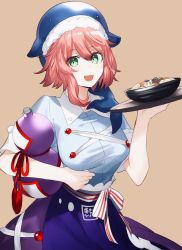 Rule 34 | 1girl, belt, blue hat, blue shirt, blue skirt, blue sleeves, bow, bowl, breasts, brown background, buttons, collar, eyes visible through hair, food, green eyes, hair between eyes, hands up, hat, highres, holding, ikasoba, medium breasts, multicolored belt, multicolored bow, okunoda miyoi, open mouth, pink hair, purple skirt, red belt, red bow, shirt, short hair, short sleeves, simple background, skirt, smile, solo, touhou, tray, whale hat, white belt, white bow, white collar, white hat, white sleeves