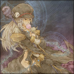 Rule 34 | 1girl, black gloves, black hat, black pants, blowing bubbles, cabbie hat, chain, chewing gum, coat, commentary request, cowboy shot, gloves, grey coat, grey hair, hat, hat ornament, holding, holding staff, kamo (megamikan), long hair, looking afar, lowres, pants, ragnarok online, skull, skull hat ornament, solo, staff, warlock (ragnarok online)