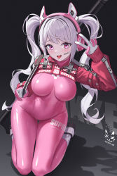 Rule 34 | 1girl, alice (nikke), animal ear headphones, animal ears, arm up, bodysuit, breasts, cropped jacket, fake animal ears, gloves, goddess of victory: nikke, gun, headphones, headset, highres, holding, holding gun, holding weapon, jacket, kneeling, large breasts, latex, latex bodysuit, long hair, long sleeves, looking at viewer, multicolored clothes, multicolored gloves, pink bodysuit, pink eyes, pink gloves, pink headphones, red jacket, shadow cat (yingmiao), sidelocks, skin tight, sleeves past wrists, solo, thighs, tongue, tongue out, twintails, v, weapon, white hair