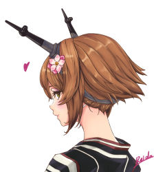 Rule 34 | 10s, anchor earrings, brown hair, cherry blossoms, earrings, flower, from side, green eyes, hair flower, hair ornament, headgear, japanese clothes, jewelry, kantai collection, kimono, looking at viewer, looking back, mutsu (kancolle), ozawa reido, short hair, signature, smile, solo, yukata