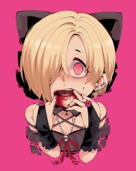 Rule 34 | 1girl, bags under eyes, bare shoulders, black bow, black dress, black nails, blonde hair, blood, blood from mouth, blood on face, bow, bridal gauntlets, dress, ear piercing, finger in own mouth, hair bow, hair over one eye, idolmaster, idolmaster cinderella girls, jewelry, licking, licking finger, looking at viewer, nail polish, necklace, piercing, pink background, red eyes, saliva, shirasaka koume, short hair, simple background, skull necklace, solo, takato kurosuke