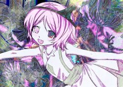 Rule 34 | 1other, absurdres, androgynous, bingkuaihei, bug, butterfly, dress, flower, food, fruit, grapes, highres, insect, len&#039;en, open mouth, other focus, outstretched arms, pale skin, pink hair, shion (len&#039;en), short hair, sleeveless, sleeveless dress, smile, solo, spread arms, triangular headpiece, white dress