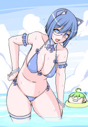 Rule 34 | +++, 2girls, 2k-tan, :d, afloat, ahoge, armband, bare shoulders, bikini, blue bikini, blue eyes, blue hair, blue sky, blunt bangs, bow, bowtie, bracelet, breasts, cleavage, cloud, collarbone, day, detached collar, eyelashes, frilled armband, frills, gluteal fold, green innertube, hair between eyes, hand on lap, hand on leg, hand on own hip, hand on own leg, hand on own thigh, hand on thigh, hand up, headgear, highres, innertube, jewelry, large breasts, leaning forward, light green hair, me-tan, multiple bracelets, multiple girls, navel, notice lines, o o, open mouth, os-tan, outdoors, pink lips, purple bow, purple bowtie, ruriwo (ruriwo1894), short hair, sky, smile, standing, swim ring, swimsuit, thigh strap, thighs, wading, water, wet