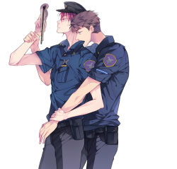 Rule 34 | 10s, 2boys, adam&#039;s apple, belt, belt pouch, brown hair, clipboard, free!, hat, holding another&#039;s wrist, hug, hug from behind, male focus, matsuoka rin, multiple boys, paper, police, police uniform, pouch, profile, red eyes, red hair, short hair, short sleeves, simple background, standing, suien (pipe9), uniform, white background, yamazaki sousuke