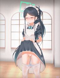 Rule 34 | 1girl, absurdres, apron, aris (blue archive), artist name, black hair, blue archive, blush, cleft of venus, closed eyes, clothes lift, clothes pull, dress, dress lift, female focus, halo, highres, indoors, long hair, maid, maid apron, maid headdress, mensiah, panties, panty pull, pantyhose, pantyhose pull, peeing, presenting pussy, pussy, standing, striped clothes, striped panties, uncensored, underwear, white pantyhose, window