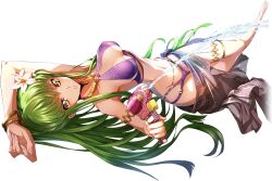 Rule 34 | 1girl, aiming, aiming at viewer, arm up, armlet, artist request, bare shoulders, barefoot, bikini, black sarong, blush, breasts, c.c., code geass, code geass: lost stories, female focus, finger on trigger, firing, full body, game cg, gold, green hair, highres, holding, holding water gun, jewelry, knees together feet apart, light blush, long hair, looking at viewer, lying, medium breasts, multi-strapped bikini bottom, multi-strapped bikini top, navel, non-web source, o-ring, o-ring bikini, official art, on back, parted lips, purple bikini, ring, sarong, see-through sarong, sidelocks, simple background, skindentation, solo, squirting liquid, stomach, sweat, swimsuit, teeth, thighlet, transparent background, very long hair, water, water gun, yellow eyes