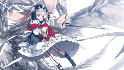 Rule 34 | 1girl, blue eyes, blurry, boots, rabbit, cierra (ra-bit), dragon, fantasy, frilled skirt, frilled sleeves, frills, hat, highres, holding, holding sword, holding weapon, long hair, long sleeves, looking at viewer, monster, hugging object, open mouth, original, ribbon, short hair, silver hair, simple background, skirt, smile, solo, stuffed animal, stuffed rabbit, stuffed toy, sword, teeth, thighhighs, toy, weapon, white background, wings, wyrm