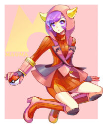 Rule 34 | 10s, 1girl, boots, courtney (pokemon), courtney (pokemon oras), creatures (company), dress, fake horns, full body, game freak, gloves, high heel boots, high heels, holding, holding poke ball, hood, hoodie, horned headwear, horns, looking at viewer, nintendo, poke ball, pokemon, pokemon oras, purple eyes, purple hair, red dress, ribbed sweater, rikovui, short hair, solo, sweater, team magma, uniform
