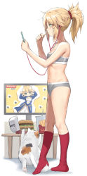 Rule 34 | 2girls, ahoge, artoria pendragon (all), artoria pendragon (fate), bare shoulders, blonde hair, blush, braid, breasts, caramelldansen, cat, cellphone, dancing, earbuds, earphones, fate/apocrypha, fate/stay night, fate (series), french braid, green eyes, hair ornament, hair scrunchie, highres, kneehighs, long hair, looking at phone, mordred (fate), mordred (fate/apocrypha), mother and daughter, multiple girls, parted bangs, phone, ponytail, red scrunchie, red socks, saber (fate), scrunchie, sidelocks, small breasts, smartphone, socks, tonee