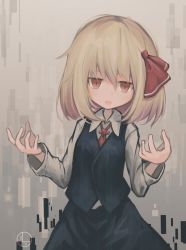 Rule 34 | 1girl, arms up, bad hands, black skirt, black vest, blonde hair, bow, breasts, collared shirt, glitch, hair bow, highres, lit ter, long sleeves, looking at viewer, open mouth, red eyes, rumia, shirt, short hair, skirt, skirt set, small breasts, solo, standing, touhou, vest, white background, white shirt