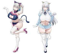 Rule 34 | 2girls, animal ears, black shirt, blonde hair, blue eyes, blue hair, blue skirt, breasts, cat ears, cat tail, cleavage, closed mouth, collared shirt, detached collar, fang, frilled skirt, frills, full body, hand on another&#039;s thigh, highleg, highleg panties, highres, large breasts, looking at viewer, maid, miniskirt, multicolored hair, multiple girls, navel, no bra, non-web source, oekakizuki, open mouth, original, panties, paw hair ornament, paw pose, red eyes, shirt, skirt, smile, source request, stomach, streaked hair, sunlight, tail, thighhighs, thighs, two-tone hair, two-tone shirt, underboob, underwear, white background, white hair, white shirt