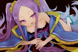 Rule 34 | 1girl, bare shoulders, breasts, chinese clothes, collarbone, dress, fate/grand order, fate (series), forehead, hair ornament, hair scrunchie, hanfu, izuoku, long hair, long sleeves, looking at viewer, lying, open mouth, parted bangs, purple dress, purple eyes, purple hair, scrunchie, shawl, sidelocks, small breasts, smile, solo, thighs, twintails, very long hair, wide sleeves, wu zetian (fate), wu zetian (first ascension) (fate), yellow scrunchie