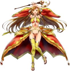 Rule 34 | 1girl, breasts, brown eyes, brown hair, detached sleeves, fetonna, full body, hitsuji chronicle, holding, holding wand, long hair, midriff, navel, official art, sandals, small breasts, solo, standing, transparent background, very long hair, wand, wide sleeves, yellow legwear