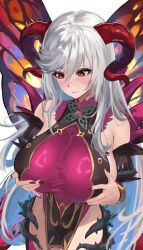 Rule 34 | 1girl, absurdres, alternate costume, bare shoulders, blue hair, blush, breasts, butterfly wings, chiyu1182, commission, cosplay, cowboy shot, curled horns, embarrassed, fairy, fairy wings, fire emblem, fire emblem heroes, freyja (fire emblem), goat horns, grabbing own breast, grey hair, highres, horns, huge breasts, insect wings, long hair, mature female, multicolored hair, multicolored leotard, nail polish, nintendo, plant, plumeria (fire emblem), plumeria (fire emblem) (cosplay), purple nails, red eyes, red horns, sideboob, solo, thorns, two-tone leotard, vines, white background, white hair, wings