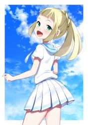 Rule 34 | 1girl, :d, absurdres, bad id, bad pixiv id, blonde hair, blue sky, blunt bangs, blush, cloud, cowboy shot, creatures (company), day, floating hair, game freak, green eyes, highres, lillie (pokemon), long hair, looking at viewer, miniskirt, nintendo, open mouth, pleated skirt, pokemon, pokemon sm, shirt, short sleeves, skirt, sky, smile, solo, standing, white shirt, white skirt, yuihico