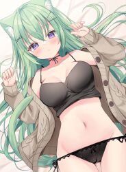 Rule 34 | 1girl, ahoge, animal ear fluff, animal ears, arms up, black bra, black panties, blush, bra, brown jacket, cameltoe, cat ears, cat girl, cat tail, collarbone, commentary request, dutch angle, frown, green hair, hair ornament, hamico, jacket, long bangs, looking at viewer, lying, navel, on back, original, panties, paw pose, purple eyes, solo, tail, underwear, x hair ornament