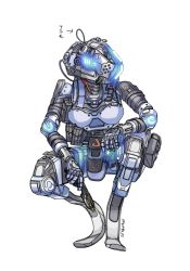 Rule 34 | 1girl, animification, breasts, cable, glowing, highres, holding, holding knife, humanoid robot, knife, kotone a, medium breasts, pilot (titanfall 2), pouch, robot, simulacrum (titanfall), solo, squatting, stim pilot (titanfall 2), titanfall (series), titanfall 2, twitter username, white background