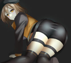 Rule 34 | 1girl, all fours, anis (nikke), artist request, ass, beret, boots, brown hair, from behind, goddess of victory: nikke, hat, looking at viewer, short hair, short shorts, shorts, solo, thigh boots, thigh strap, yellow eyes