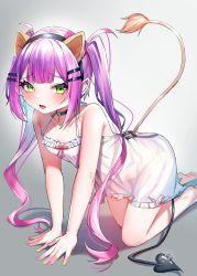 Rule 34 | 1girl, absurdres, all fours, animal ears, bare shoulders, bu leike, choker, cosplay, demon girl, demon tail, dress, ear piercing, fake animal ears, fake tail, fang, green eyes, hair ornament, hairclip, highres, hololive, indie virtual youtuber, lion ears, lion tail, long hair, nail polish, piercing, purple hair, purple nails, rurudo lion, rurudo lion (1st costume), rurudo lion (cosplay), simple background, solo, sundress, tail, tail ornament, tail piercing, tokoyami towa, twintails, virtual youtuber, white dress, yellow nails