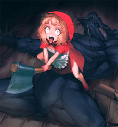 Rule 34 | 1girl, ahegao, apron, arrow (projectile), axe, big bad wolf, blonde hair, chyko, commentary request, constricted pupils, corpse, crazy eyes, dress, furry, furry male, hood, little red riding hood, little red riding hood (grimm), looking at viewer, open mouth, red dress, red footwear, saliva, shoes, tongue, tongue out, torn clothes, torn dress, weapon, wolf