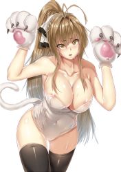 Rule 34 | 10s, 1girl, alternate costume, amagi brilliant park, animal hands, areola slip, artist name, bare shoulders, black thighhighs, blush, breasts, brown eyes, brown hair, cat tail, collarbone, covered navel, gloves, hews, kittysuit, large breasts, leotard, long hair, looking at viewer, nontraditional playboy bunny, open mouth, paw gloves, paw pose, playboy bunny, ponytail, sento isuzu, simple background, solo, tail, thigh gap, thighhighs, thighs, white background