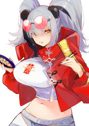 Rule 34 | 1girl, :q, aaoshigatoutoi, absurdres, animal ears, arknights, bear ears, black hair, bowl, breasts, chopsticks, closed mouth, crop top, eyewear on head, feater (arknights), feater (gourmet) (arknights), grey hair, highres, holding, holding bowl, holding chopsticks, impossible clothes, impossible shirt, jacket, large breasts, long hair, long sleeves, looking at viewer, midriff, multicolored hair, navel, open clothes, open jacket, red-tinted eyewear, red jacket, rimless eyewear, round eyewear, shirt, smile, solo, stomach, streaked hair, sunglasses, tinted eyewear, tongue, tongue out, twintails, two-tone hair, upper body, white shirt, yellow eyes