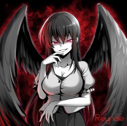 Rule 34 | 1girl, breasts, character name, cleavage, collarbone, commission, ebiblue, fallen angel, feathered wings, gesugao, greyscale with colored background, hair between eyes, high school dxd, highres, large breasts, long hair, looking at viewer, parted lips, pixiv commission, raynare, red eyes, shirt, signature, skirt, smile, solo, spot color, teeth, twitter username, wings
