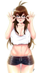 Rule 34 | 1girl, absurdres, adjusting eyewear, akchu, antenna hair, artist name, bad id, bad pixiv id, bare arms, bare legs, bare shoulders, blue eyes, blue shorts, blush, breasts, brown hair, cleavage, closed mouth, collarbone, cowboy shot, crop top, crop top overhang, dolphin shorts, drawstring, eyelashes, fingernails, glint, gluteal fold, groin, hand on eyewear, hands up, highres, large breasts, long fingernails, long hair, looking at viewer, micro shorts, midriff, navel, original, pink lips, shirt, short shorts, shorts, simple background, sleeveless, sleeveless shirt, smile, solo, standing, stomach, thigh gap, white background, white shirt