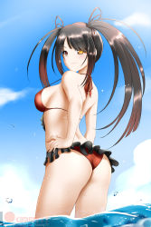 Rule 34 | 1girl, ass, bikini, black hair, blue sky, bra strap, breasts, closed mouth, date a live, day, floating hair, frilled bikini, frills, from side, hair ribbon, halterneck, hand on own hip, highres, kimmy77, long hair, medium breasts, outdoors, red bikini, red ribbon, ribbon, sideboob, sky, smile, solo, strap gap, swimsuit, tokisaki kurumi, twintails, very long hair, wading, yellow eyes