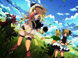 Rule 34 | 4girls, 80ne80ne, akatsuhara empire, animal ears, blonde hair, blue eyes, blurry, cloud, day, depth of field, dutch angle, gloves, grass, hand on headwear, hat, knife, long hair, meadow, multiple girls, outstretched arms, pixiv fantasia, pixiv fantasia 3, purple hair, red eyes, ribbon, rugo, short hair, skirt, sky, spread arms, sword, weapon, wind