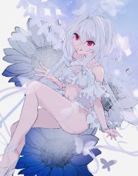Rule 34 | 1girl, :q, ahoge, bikini, bug, butterfly, detached sleeves, fate/grand order, fate (series), flower, frilled bikini, frills, garter straps, hair intakes, highres, holding, holding umbrella, insect, knee up, lady avalon (second ascension) (fate), long hair, looking at viewer, modotteku, parasol, red eyes, single garter strap, sitting, swimsuit, thighs, tongue, tongue out, umbrella, very long hair, white background, white bikini, white butterfly, white flower, white hair