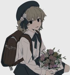 1girl backpack bag beret black_eyes black_hat black_ribbon black_skirt bouquet brown_bag brown_hair collared_shirt commentary_request empty_eyes fang flower foot_out_of_frame from_side hair_flower hair_ornament hair_ribbon hair_rings hat hatoba_tsugu highres hirota_tsuu holding holding_bouquet long_sleeves looking_at_viewer looking_to_the_side mole mole_under_eye neck_ribbon open_mouth randoseru ribbon rose shirt short_hair simple_background single_hair_ring sitting skirt smile solo suspender_skirt suspenders tsugu_(vtuber) virtual_youtuber wariza white_background white_flower white_rose white_shirt