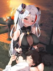 Rule 34 | 1boy, 1girl, :o, absurdres, azur lane, bare shoulders, black dress, black gloves, black hair, blurry, blush, bow, breasts, cleavage, closed eyes, commission, cup, depth of field, dress, drink, futon fly away, gloves, hair bow, hair ornament, highres, lap pillow, large breasts, long hair, looking at another, mole, mole on breast, multicolored hair, off shoulder, official alternate costume, parted lips, pixiv commission, prinz eugen (azur lane), prinz eugen (cordial cornflower) (azur lane), red hair, sideboob, sitting, sleeping, streaked hair, table, two side up, white hair