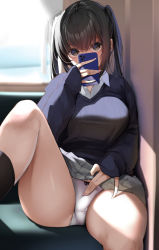 Rule 34 | 1girl, banned artist, black hair, black socks, blue sweater, clothes lift, commentary request, fay (fay axl), grey eyes, grey skirt, holding, holding phone, indoors, leg up, long hair, looking at viewer, original, panties, phone, shirt, short twintails, sitting, skirt, skirt lift, socks, solo, sweater, taking picture, thighs, train interior, twintails, underwear, white panties, white shirt
