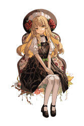 Rule 34 | 1girl, :|, absurdres, black dress, black footwear, black hat, blonde hair, blush, bow, braid, closed mouth, clynxen, commentary, dress, expressionless, eyebrows hidden by hair, flower, full body, green bow, hair bow, hat, hat flower, highres, kirisame marisa, long hair, looking at viewer, own hands together, pantyhose, puffy short sleeves, puffy sleeves, red flower, red rose, rose, shirt, shoes, short sleeves, simple background, single braid, sleeve cuffs, solo, touhou, v arms, white background, white pantyhose, white shirt, yellow eyes