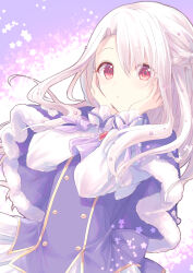 Rule 34 | 1girl, braid, closed mouth, coat, dress, fate/stay night, fate (series), french braid, hair between eyes, hands on own face, highres, illyasviel von einzbern, long hair, looking at viewer, red eyes, shiohari kanna, sidelocks, simple background, solo, standing, white hair, winter clothes