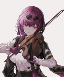 Rule 34 | 1girl, absurdres, breasts, commentary request, eyewear on head, gloves, grey background, highres, holding, holding instrument, holding violin, honkai: star rail, honkai (series), instrument, kafka (honkai: star rail), large breasts, long hair, long sleeves, music, playing instrument, purple eyes, purple gloves, purple hair, shirt, solo, sunglasses, upper body, violin, white shirt, xia 0328
