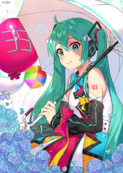 Rule 34 | 1girl, 39, anniversary, aqua eyes, balloon, bare shoulders, black sleeves, blue flower, closed mouth, commentary, cowboy shot, detached sleeves, flower, green hair, hair between eyes, hair ornament, hands up, hatsune miku, headphones, highres, holding, holding umbrella, long hair, looking at viewer, magical mirai (vocaloid), magical mirai miku, magical mirai miku (2018), multicolored clothes, multicolored skirt, number tattoo, parasol, shirt, shoulder tattoo, sidelocks, skirt, sleeveless, sleeveless shirt, smile, solo, speech bubble, standing, tattoo, tsukino (nakajimaseiki), twintails, umbrella, very long hair, vocaloid, white shirt
