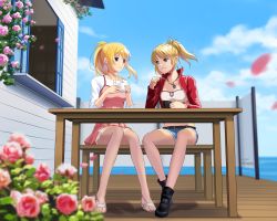 Rule 34 | 2girls, artist name, black footwear, blonde hair, blue eyes, breasts, commentary request, crossover, cup, day, dress, fate/apocrypha, fate (series), flower, green eyes, holding, holding cup, jacket, lilia creative, long hair, long sleeves, looking at viewer, medium breasts, miyazono kawori, mordred (fate), mordred (fate/apocrypha), mordred (memories at trifas) (fate), multiple girls, outdoors, pink dress, pink flower, ponytail, red jacket, restaurant, shigatsu wa kimi no uso, short shorts, shorts, sitting, smile, white footwear