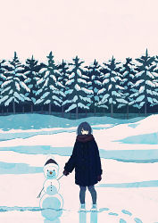 Rule 34 | 1girl, black coat, black gloves, black hair, blush, coat, footprints, fur trim, gloves, hat, highres, izuminoizm, looking at viewer, original, outdoors, scarf, shoes, sky, smile, snow, snowman, solo, tree, white footwear, white sky, wide shot, winter, winter clothes, winter coat