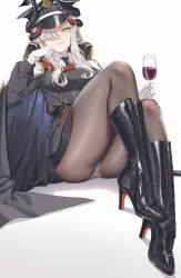 Rule 34 | 1girl, alcohol, belt, black belt, black coat, black footwear, black hat, black horns, black jacket, black necktie, blue archive, boots, breasts, closed mouth, coat, coat on shoulders, collared shirt, commentary, cross-laced footwear, cup, demon horns, drinking glass, fangxiang cuoluan, gloves, gradient horns, green eyes, grey hair, hair over one eye, halo, hand on own cheek, hand on own face, hat, head rest, high heel boots, high heels, highres, holding, holding cup, horns, jacket, knees up, lace-up boots, legs, light smile, long hair, long sleeves, looking at viewer, makoto (blue archive), medium breasts, military jacket, military uniform, multicolored horns, multiple horns, necktie, one eye covered, paid reward available, panties, panties under pantyhose, pantyhose, pantyshot, peaked cap, pointy ears, red horns, shadow, shirt, simple background, sitting, solo, thighs, underwear, uniform, white background, white gloves, white shirt, wine, wine glass